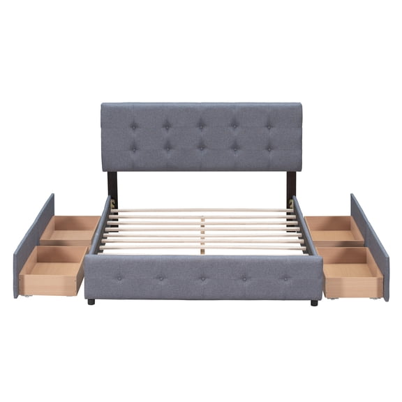 imerelez Upholstered Platform Bed with Classic Headboard and 4 Drawers, No Box Spring Needed, Linen Fabric, Queen Size Dark gray