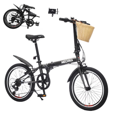 imerelez Urban Commuter Folding Bike 20 Inch Dark Grey, 6-Speed with Basket & Fenders, Portable Steel Frame Bicycle