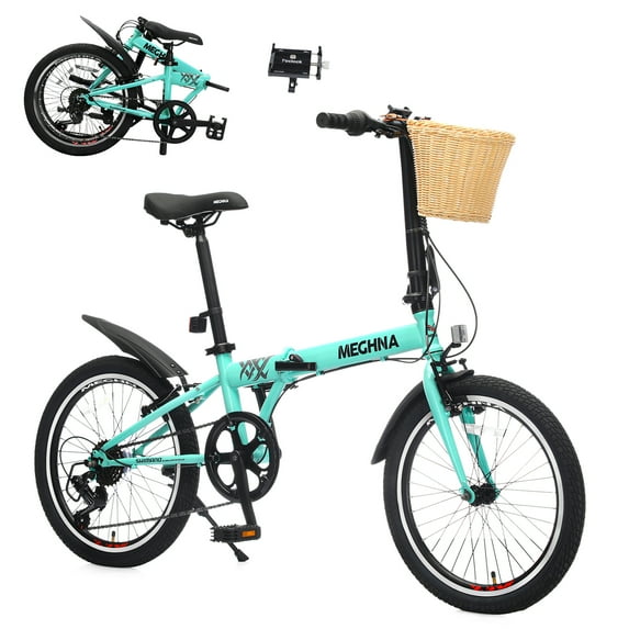 imerelez Urban Commuter Folding Bike 20 Inch Green, 6-Speed with Basket & Fenders, Portable Steel Frame Bicycle