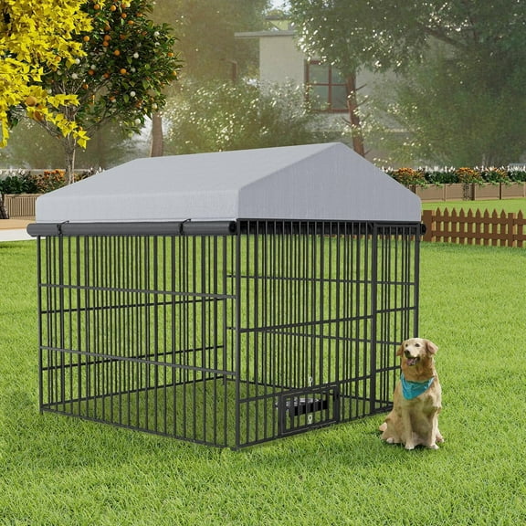 imerelez utdoor Dog Kennel Outside with Waterproof Cover, UV-Resistant Roof, and Secure Locking Mechanism for Dogs, Durable Metal Enclosure for All Weather Conditions(6.6'L x 6.6'W x 6.4'H)