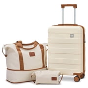Joyway 3-Piece Luggage Set 20-Inch Carry-On Suitcase with Spinner Wheels TSA Lock Travel Duffel Bag and Toiletry Bag Hardside Lightweight Luggage Beige