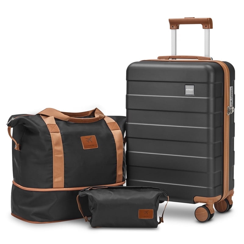 Joyway 3-Piece Luggage Set 20-Inch Carry-On Suitcase with Spinner Wheels TSA Lock Travel Duffel Bag and Toiletry Bag Hardside Lightweight Luggage Black