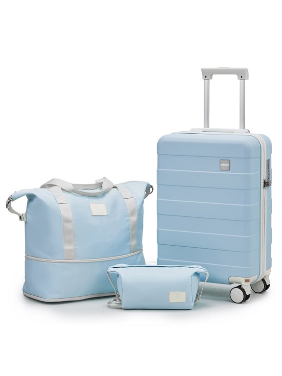 3-Piece Luggage Set 20-Inch Carry-On Suitcase with Spinner Wheels TSA Lock Travel Duffel Bag and Toiletry Bag Hardside Lightweight Luggage Blue