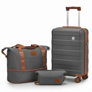 JOYWAY 3-Piece Luggage Set 20-Inch Carry-On Suitcase with Spinner Wheels TSA Lock Travel Duffel Bag and Toiletry Bag Hardside Lightweight Luggage Grey