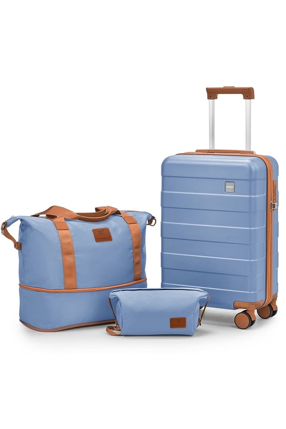 3-Piece Luggage Set 20-Inch Carry-On Suitcase with Spinner Wheels TSA Lock Travel Duffel Bag and Toiletry Bag Hardside Lightweight Luggage Ice Blue