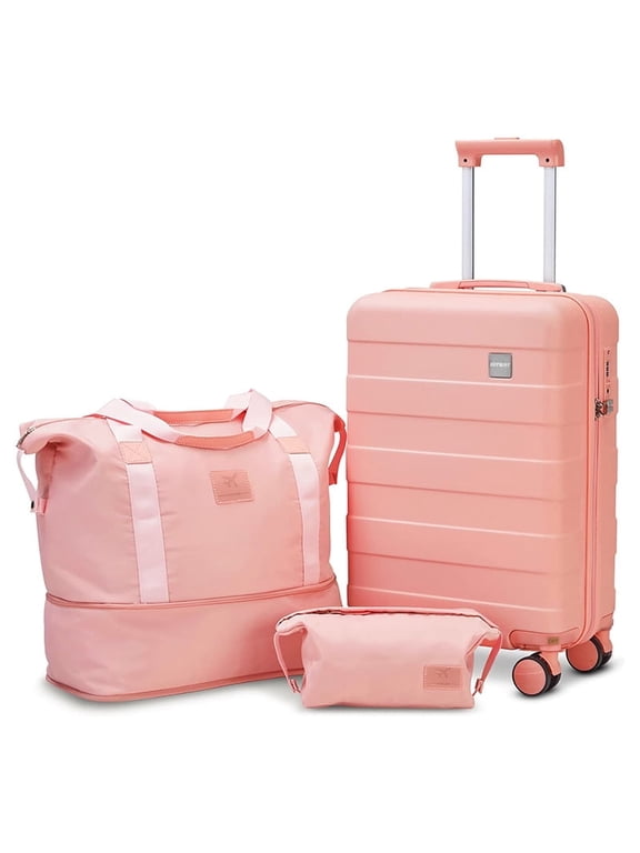 3-Piece Luggage Set 20-Inch Carry-On Suitcase with Spinner Wheels TSA Lock Travel Duffel Bag and Toiletry Bag Hardside Lightweight Luggage Pink