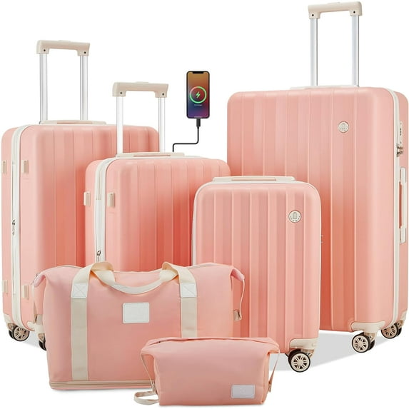imiomo 6 Luggage Set Expandable Luggage Hard Carry-on Luggage with USB Port Cup Holder TSA Lock Suitcase