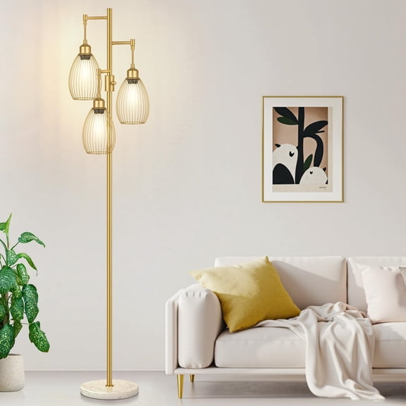 immable Floor Lamp,3x800LM LED Bulbs Included, Farmhouse Industrial Floor Lamp Standing Tree Lamp with Teardrop Cage Head Tall Lamp for Living Room Bedroom Office Dining Room