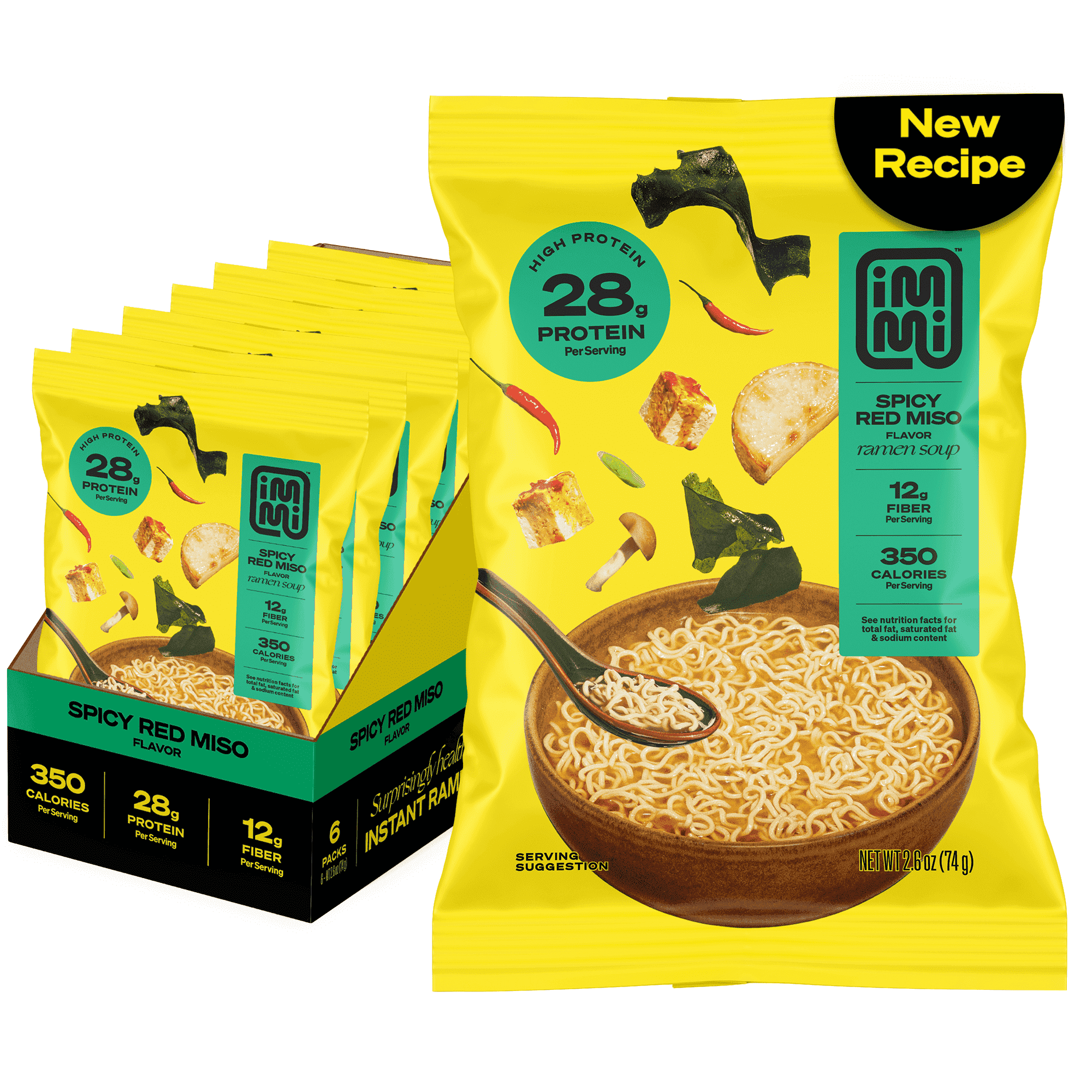 Immi Spicy Red Miso Instant Ramen, 28g Protein, 12g Fiber, Plant Based, 6 Pack