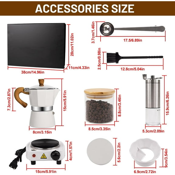 -in-1 Moka Pot Espresso Set with Electric Stove, 3 Cup Aluminum Coffee Maker, Manual Grinder, Sealing Canister & Accessories for Home, Travel, Camping