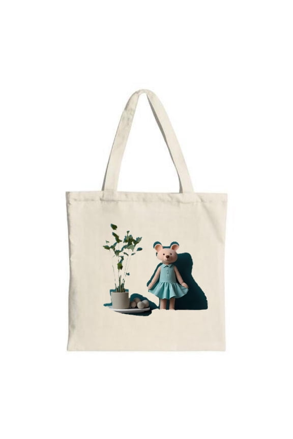 in Blue Dress Tote Bag - Canvas Multifunctional Reusable Shopping Bag with Potted Plant & Eggs Design Perfect for Travel & Parties