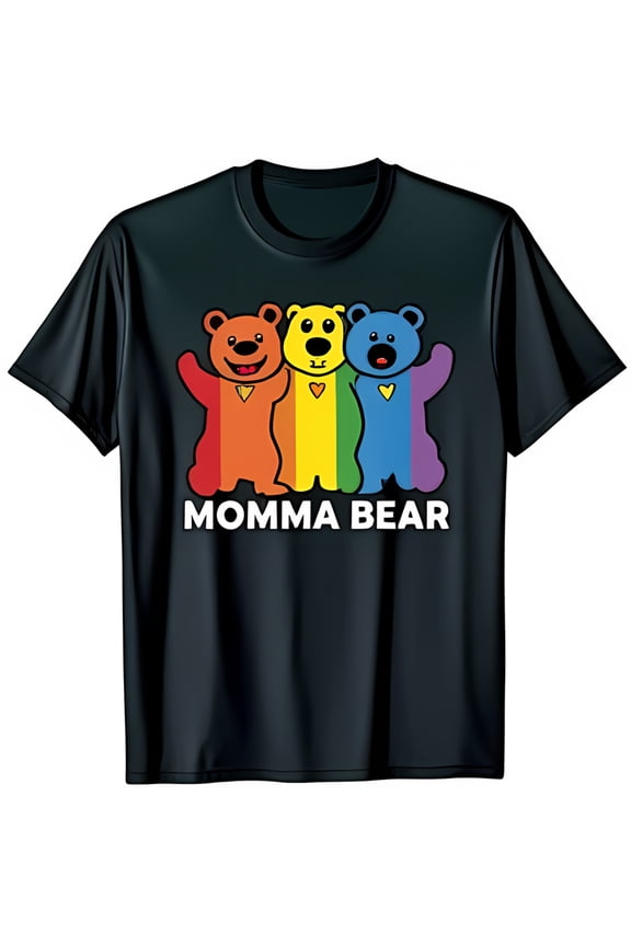 in Color: Black T-Shirt with Bears Holding Hands Momma Bear Design