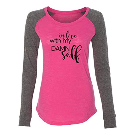 in Love with Myself (Black) Valentine's Day Women's Raglan Long Sleeve Shirt-Fuschia/Granite-Small