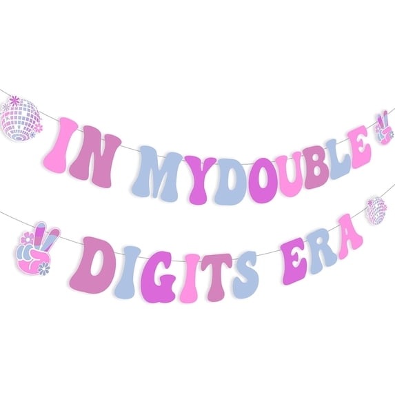 in My Double Digits Era Banner for Girls - Groovy Disco 10th Birthday Bunting Garlands, Purple Disco Theme Happy 10th Birthday Decorations