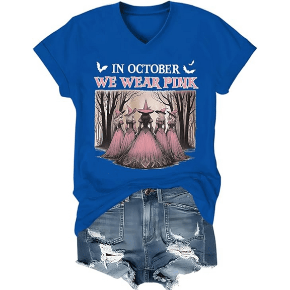 in October We Wear Pink Shirt V Neck Witch Spooky Season Halloween T-Shirt Women Graphic Tees