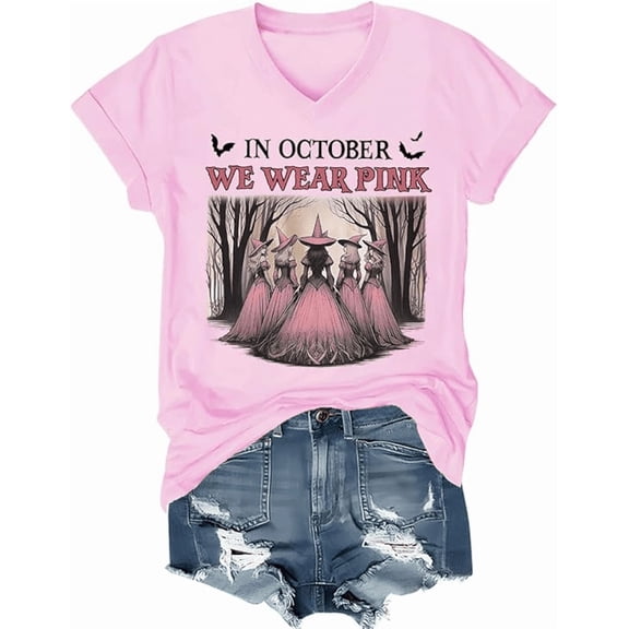 in October We Wear Pink Shirt V Neck Witch Spooky Season Halloween T-Shirt Women Graphic Tees