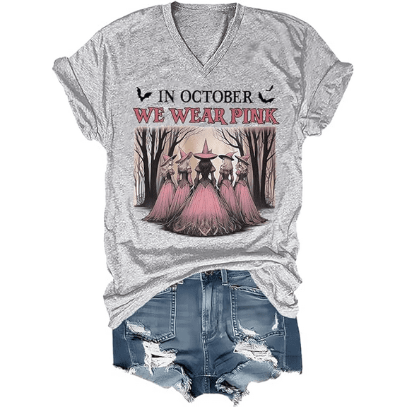 in October We Wear Pink Shirt V Neck Witch Spooky Season Halloween T-Shirt Women Graphic Tees