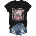 thumbnail image 1 of in October We Wear Pink Shirt V Neck Witch Spooky Season Halloween T-Shirt Women Graphic Tees, 1 of 4
