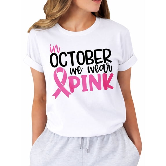 in October We Wear Pink Shirts Women Breast Cancer Awareness T-Shirts Pink Ribbon Graphic Tee Tops