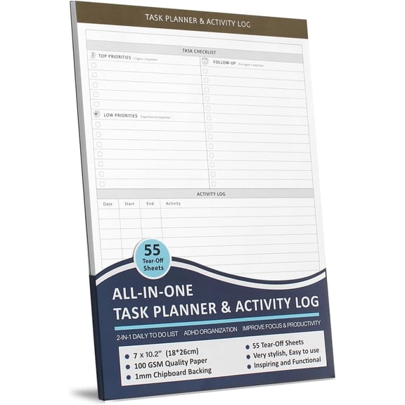 -in- Task Planner & Activity Log Notepad for Work - 55 -Off Sheets Daily with Priority & Follow-Up, Hourly Schedule & Phone Call Log for Office Productivity, Focus