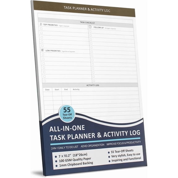 -in- Task Planner & Activity Log Notepad for Work - 55 -Off Sheets Daily  with Priority & Follow-Up, Hourly Schedule  & Phone Call Log for Office Productivity,  Focus