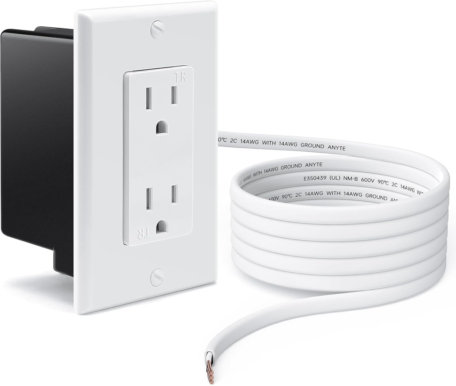 in-Wall Outlet Relocation Kit & Recessed TV Outlet Box | Power Extender for Unreachable Outlets, Cable Concealer System to Hide TV Cords, 2 AC Outlets, Tool-Free Installation, White