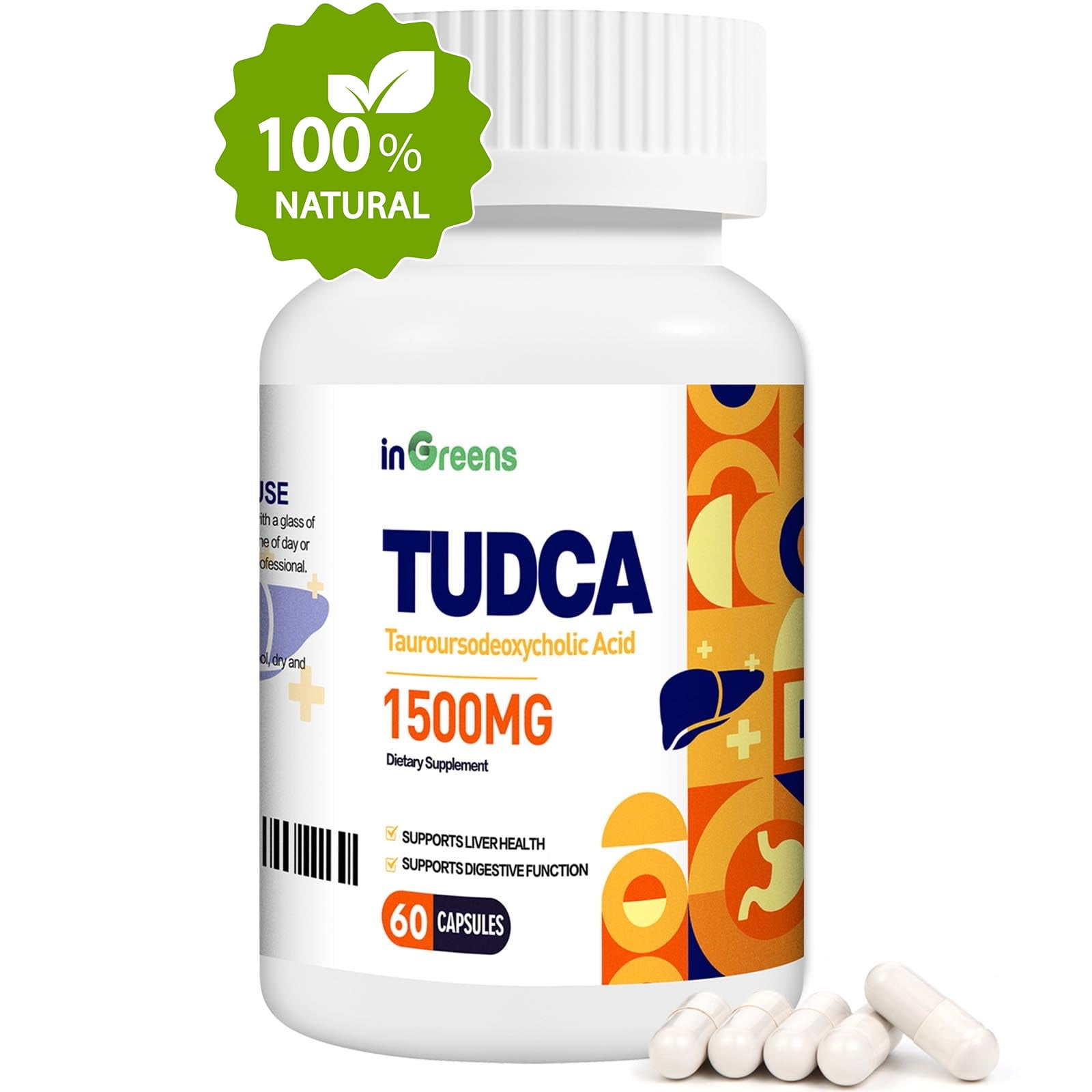 inGreens Pure TUDCA Supplement 1500mg, High Pure Tauroursodeoxycholic Acid Bile Salts, Liver Support for Liver Cleanse Detox and Repair, Non GMO, Easy to Swallow, 60 Capsules