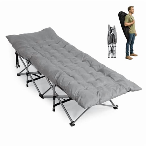 inQ Products D01027HV4FG Folding Camping Cot Bed with Soft Pad, Portable Outdoor Cot, Adults Sleeping Bed for Home Office Nap Beach Travel - Gray