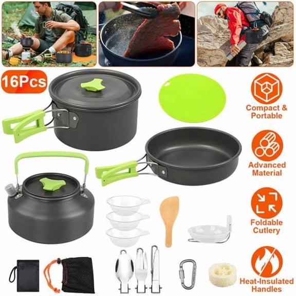 inQ Products D0102HLHGGY 16 Piece Camping Cooking Ware Set Camping Stove Cookware Kit Aluminum Pot Pan Kettle Set with Bowls Knife Fork Spoon Carabiner Spatula Cutting Board for Hiking Picnic Outdoor