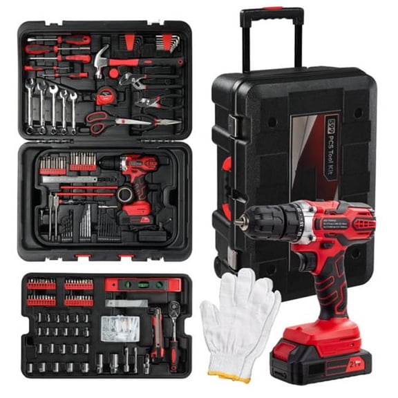 inQ Products D0102XTWK8A Home Tool Set Kit with Rolling Tool Box - Auto Repair & Mechanic Tool Kit with 21V Max Cordless Power Drill - 599 Piece