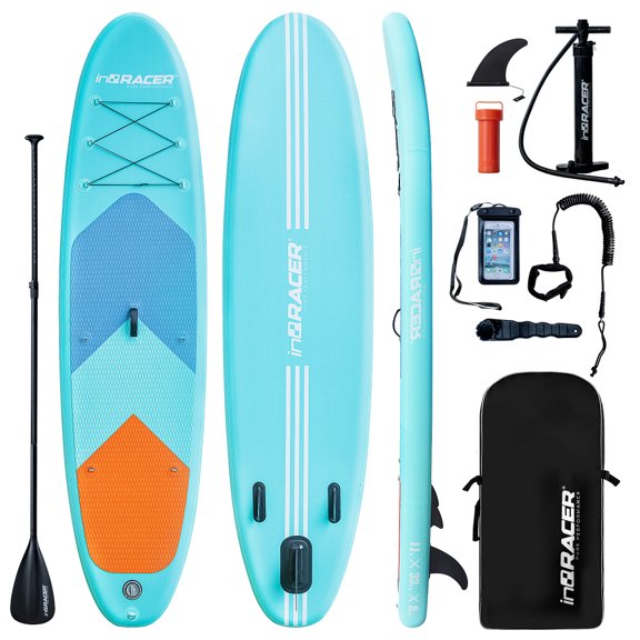 inQracer 11'33''6'' Inflatable Stand Up Paddle Board, Wide Stable SUP Board Military-Grade PVC, Complete Premium Accessory Pack with Backpack, Adjustable Paddle, Pump, Leash, Repair Kit, Blue & Gre