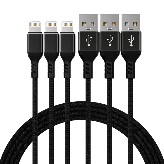 inStyle Phone Charger Cable MFi Certified Lightning Cable 10ft USB Fast Charging + Data Sync Durable Nylon Braided Cord (3-Pack) Black