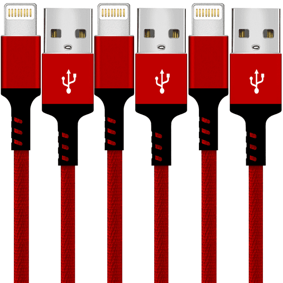 inStyle Phone Charger Cable [MFi Certified] Lightning Cable 6ft USB Fast Charging + Data Sync Durable Nylon Braided Cord (3-Pack) Red