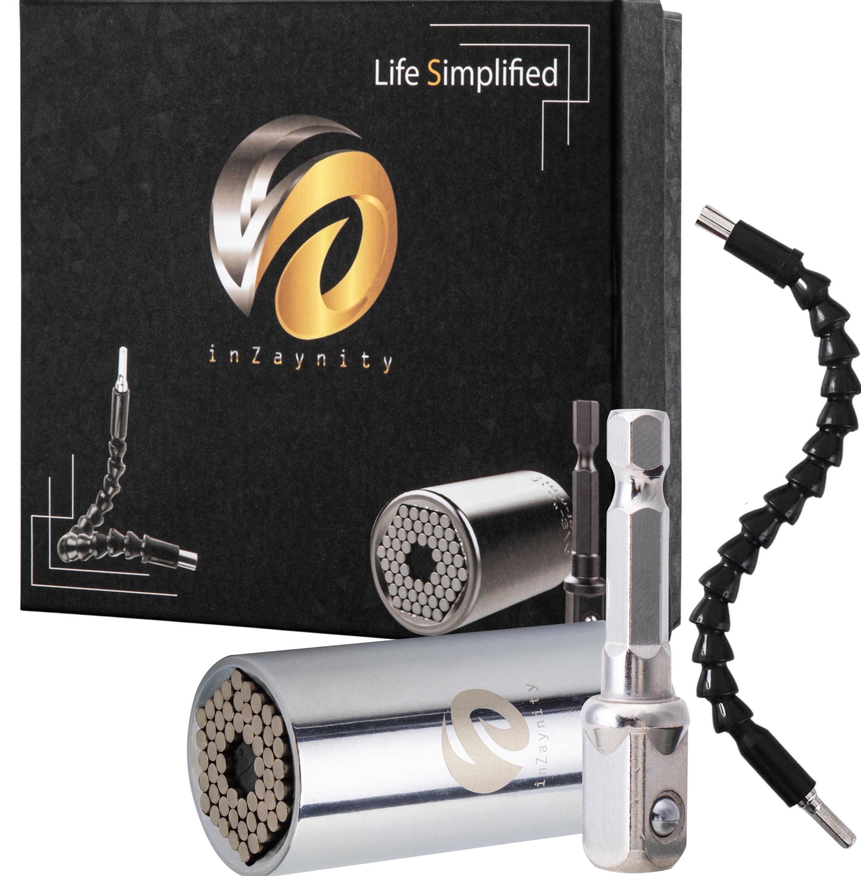 inZaynity 3PC Set Universal Socket (7-19mm) + Flexible Drill Bit Extension Flexible Screwdriver Long Shaft + Ratchet Wrench Adapter - Tool for Men, DIY, Handyman, Women, Father/Dad, Husband, Boyfriend