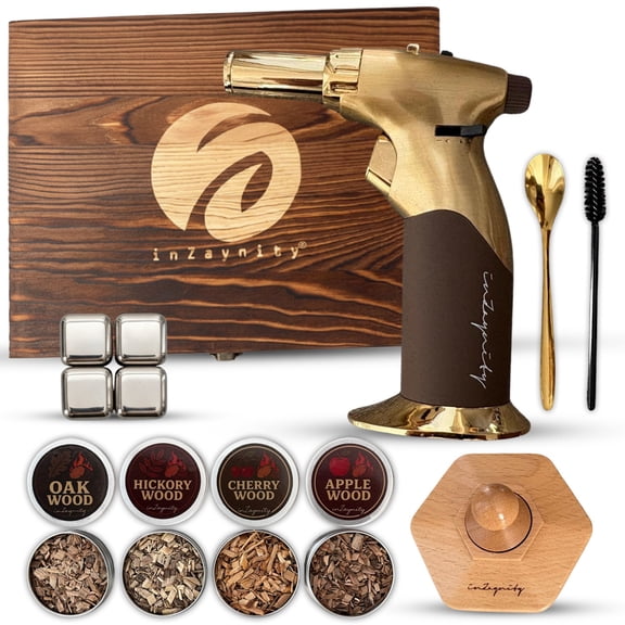 inZaynity Cocktail Smoker Kit with Torch, Old Fashioned Bourbon Smoker for Drinks, 4 Wood Chip Flavors (Apple, Oak, Cherry, Peach), No Butane