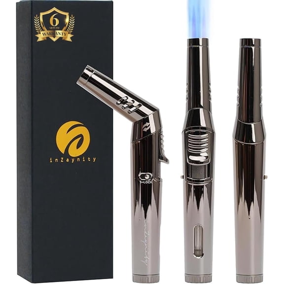 inZaynity Pen Torch Lighter - Windproof Jet Flame, Tiltable Head & Refillable Butane Torch with Adjustable Flame - Compact & Portable Lighters for Candle, Cooking, BBQ, Camping & DIY - Black & Steel