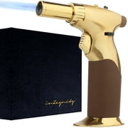 Refillable Dual Flame Butane Torch Gun - inZaynity Luxury Hand Held Kitchen Blow Torch for Cooking, BBQ, Welding & Art - Refillable Soldering Torch - Adjustable Flame with Ignition Lock - Brown Gold