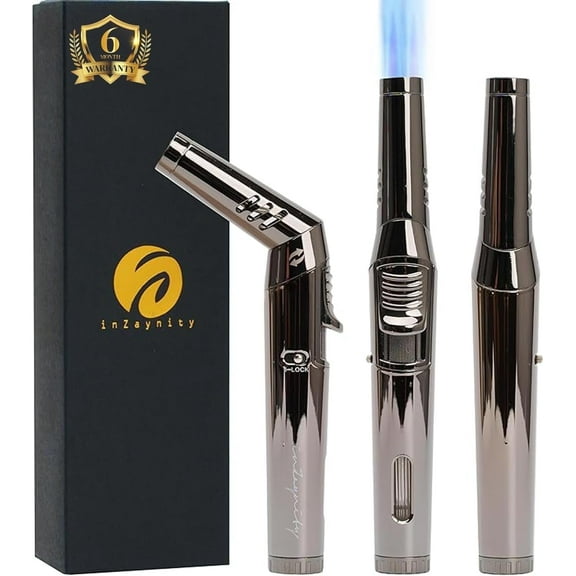inZaynity Pen Torch Lighter - Windproof Jet Flame, Tiltable Head & Refillable Butane Torch with Adjustable Flame - Compact & Portable Lighters for Candle, Cooking, BBQ, Camping & DIY - Black & Steel
