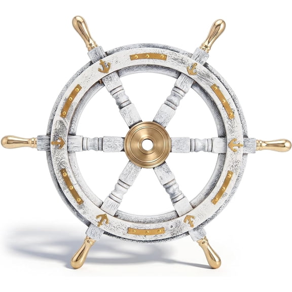 inanosa Coastal Voyage Antique White Finish Vintage Wooden Ship Wheel Nautical Wall Decor, 12 Inch