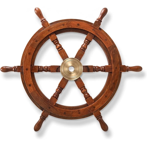 inanosa Coastal Voyage Natural Finish Vintage Wooden Ship Wheel Nautical Wall Décor, 18 Inch