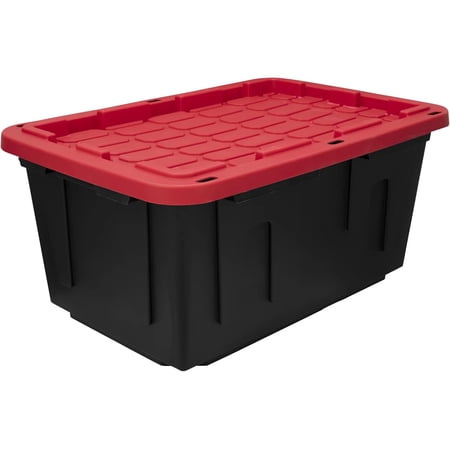 inbesk 27 Gallon Large Storage Bin with Snap Lid, Black and Red, Heavy Duty Plastic Storage Container