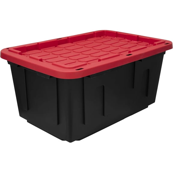 inbesk 27 Gallon Large Storage Bin with Snap Lid, Black and Red, Heavy Duty Plastic Storage Container