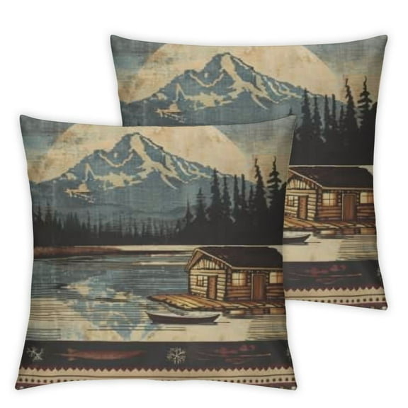 inch Retro PillowCovers Include Log Cabin Fly Fishing and a Canoe Motifs Decorative Throw Pillowcase for Home Sofa Soft Velvet Cushion Cases
