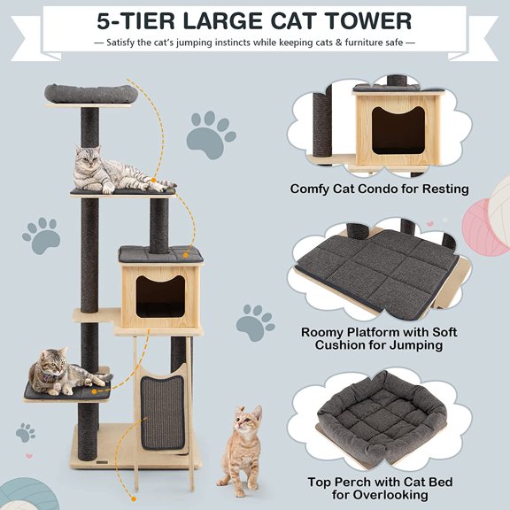 -inch Tall Wooden Tree Tower with Sisal Scratching Posts & Board, Condo & Top Perch for Indoor Cats,