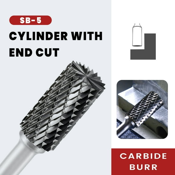 SB-5 Tungsten Carbide Burr - 1/4" Shank Double Cut Cylinder File for Die Grinder - Metal & Woodworking Drill Bit