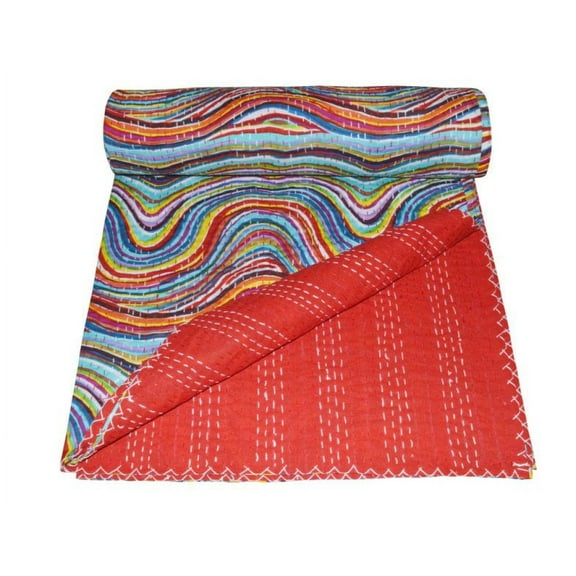 indian Lahriya print cotton kantha quilt Bedding throw sofa coverlet bedspread single size Handmade vintage blanket, 60 X 90 Inche