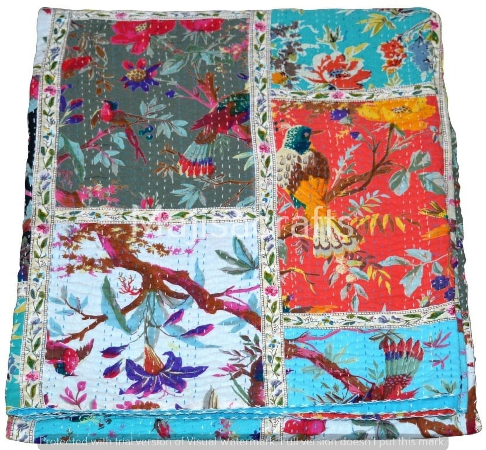 Handmade Indian Kantha Quilt - Vintage Patchwork Cotton Throw, 55" X 85", Multi-Color