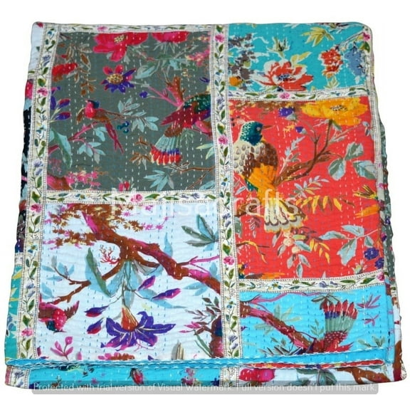 indian cotton kantha quilt multi patchwork Bedding throw sofa coverlet bedspread single size Handmade vintage blanket, 60 X 90 Inche