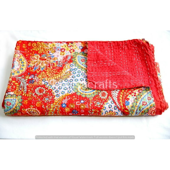 indian cotton red kantha quilt Bedding throw sofa coverlet bedspread single size Handmade vintage blanket, 60 X 90 Inche