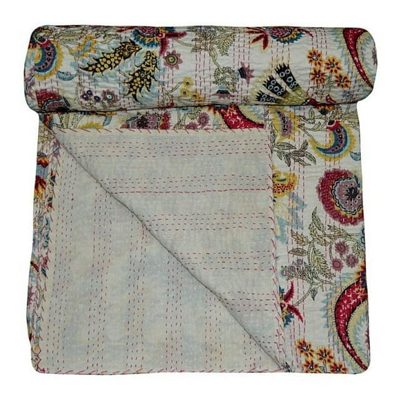 indian cotton white mukat print kantha quilt Bedding throw sofa coverlet bedspread single size Handmade vintage blanket, 60 X 90 Inches